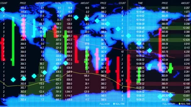 Mercado de valores de divisas cuadro de ticker board y mapa holográfico de la tierra en el fondo - nueva calidad financiera negocio animado vídeo de movimiento dinámico — Vídeo de stock