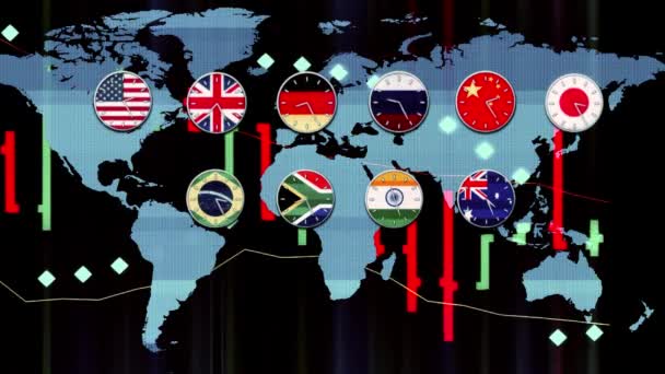 Ticker grafiek met wereld forex beurs klokken gaande achtergrond - nieuwe kwaliteit financiële zaken in real-time zones Hud earth-kaart geanimeerde dynamische bewegingen videobeelden — Stockvideo