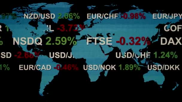 Ticker styrelsen världen forex aktiemarknaden nyheter med Hud jorden karta på bakgrunden - ny kvalitet finansiella verksamhet animerade dynamiska rörelser videofilmer — Stockvideo