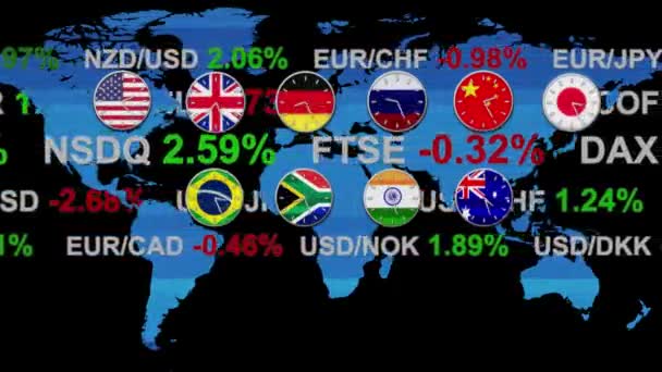 銘柄ボード世界外国為替株式市場のニュース リアルタイム ゾーン Hud 地球地図で起こっている-新しい品質の金融ビジネスの背景の時計とアニメーション動的モーション映像 — ストック動画