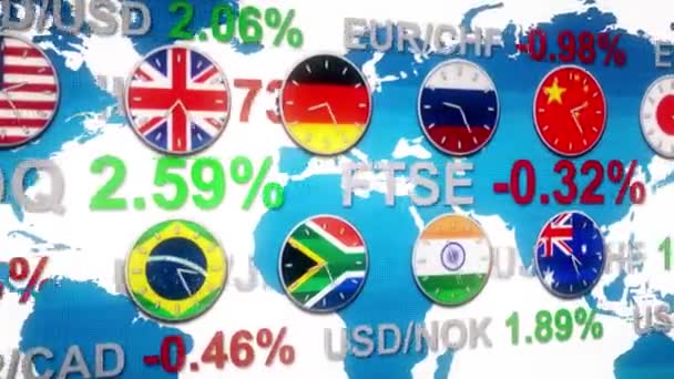 Tablero de ticker noticias del mercado de valores de divisas del mundo con relojes que van en zonas de tiempo real mapa de la tierra HUD en el fondo en 3d - nueva calidad financiera negocio animado video video dinámico — Vídeo de stock