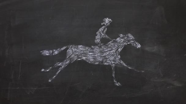 Chalk crayon hand drawn style cartoon cowboy on horse running on blackboard background new dynamic animation seamless endless loop joyful video footage — Stock Video