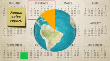 Yıllık mali satış rapor hesap yükseltmek takvim yeni kalite hareket ışık arka plan dinamik animasyon renkli neşeli video görüntüleri döngü dünya küre spin