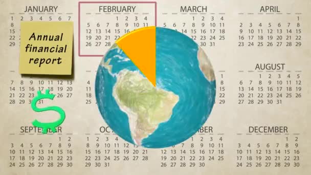 Annuale grafico delle vendite finanziarie rapporto sollevare globo terra rotazione sul calendario Nuova qualità luce movimento sfondo animazione dinamica colorato gioioso video loop — Video Stock