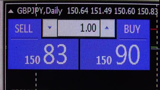 Presionando el botón de venta en cotizaciones del mercado de divisas tablero de ticker - nueva calidad financiera negocio pantalla de datos de cerca tecnología dinámica vídeo en movimiento — Vídeo de stock