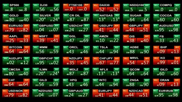 外汇股票市场指数商品股票贸易板新闻线上黑色背景-新质量金融业务动画动态运动录像 — 图库视频影像