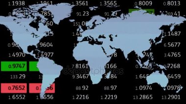 Yeni mali iş animasyon dinamik hareket video görüntüleri Forex borsa senedi kurulu ve sanal dünya harita üzerinde arka plan-