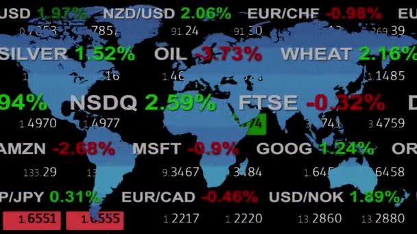 Devisenmarkt-Ticker Nachrichtenlinie und holographische Erdkarte auf Hintergrund - neue Qualität Finanzgeschäft animierte dynamische Bewegung Videomaterial — Stockvideo