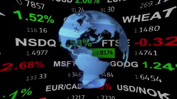 Notizie del nastro del mercato azionario forex ticker board e hud olografico globo terra su sfondo nero - nuovo business finanziario di qualità animato filmati dinamici movimento — Video Stock