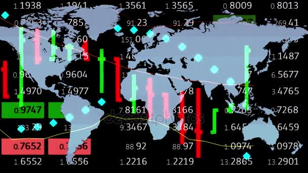 Yeni mali iş animasyon dinamik hareket video görüntüleri Forex borsa grafik ticker kurulu ve sanal dünya harita üzerinde arka plan- — Stok video