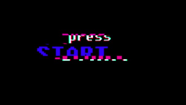 Retro videogame apăsați pe textul de pornire pe ecranul vechi de interferențe tv glitch... Noua calitate universal vintage mișcare dinamică animată fundal colorat bucurie video rece — Videoclip de stoc