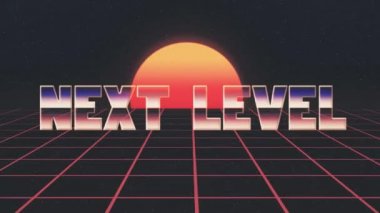 parlak retro 80'ler tarzı lazer sonraki düzey metin sinek ve dışarı ızgara güneş yıldız animasyon üzerinde arka plan - yeni benzersiz vintage güzel dinamik neşeli renkli video görüntüleri