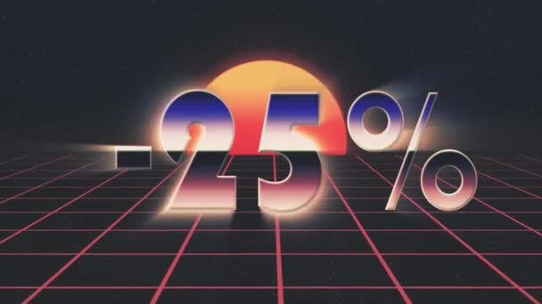 Shiny retro 80s style sale discount off lazer text fly in and out on grid sun stars animation background -new unique vintage beautiful dynamic joyful colorful video footage — Stock Video