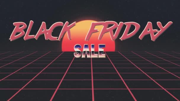 Reluciente estilo retro de los años 80 perezoso negro viernes venta texto volar dentro y fuera de la cuadrícula estrellas del sol animación fondo nuevo vintage hermoso dinámico alegre colorido vídeo metraje — Vídeos de Stock