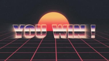 parlak retro 80'ler tarzı kazanmak metin sinek ve dışarı ızgara güneş yıldız animasyon üzerinde lazer arka plan - yeni benzersiz vintage güzel dinamik neşeli renkli video görüntüleri