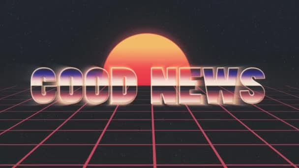 Glimmende retro 80s stijl lazer goed nieuws tekst vliegen in en uit op raster zon sterren animatie achtergrond - nieuwe unieke vintage mooie dynamische vrolijke kleurrijke videobeelden — Stockvideo