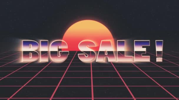 Glänzende Retro-80er Jahre Stil faul großer Verkauf Text fliegen in und aus auf Gitter Sonne Sterne Animation Hintergrund-neue einzigartige Vintage schöne dynamische freudige bunte Videoaufnahmen — Stockvideo