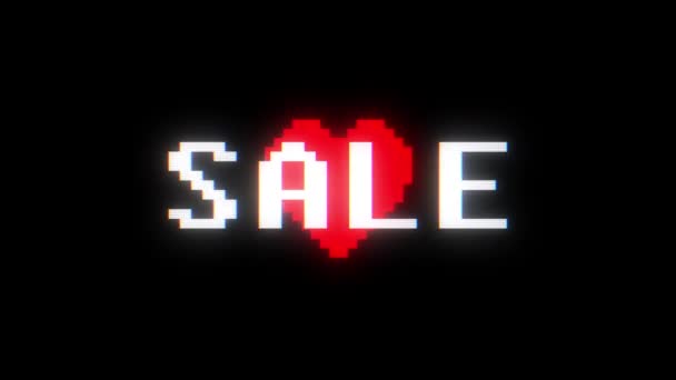 Shiny pixel heart beat and sale on digital tv screen seamless loop glitch interference animation new dynamic holiday retro joyful colorful vintage video footage — Stock Video