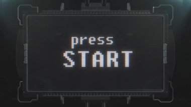 gergin retro videogame basın Başlat metin fütüristik tv ekran animasyon sorunsuz döngü üzerinde... Yeni kalite evrensel vintage techno hareket dinamik animasyonlu arka plan renkli neşeli serin video görüntüleri