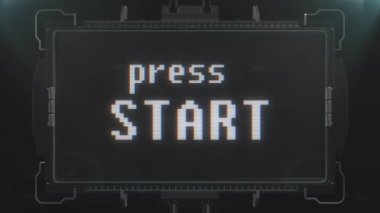 Retro video oyunu basın Başlat metin fütüristik tv arıza girişim ekran animasyon sorunsuz döngü üzerinde... Yeni kalite evrensel vintage techno hareketli dinamik arka plan renkli neşeli serin video