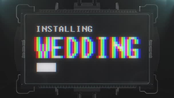 Retro videogame installing wedding text on futuristic tv glitch interference screen animation seamless loop ... New quality universal vintage techno motion dynamic background colorful joyful video — Stock Video