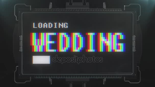 Retro videogame lastning bröllop text på futuristiska tv glitch störningar skärm animation sömlös loop... Nya universal vintage techno motion dynamisk bakgrund färgglada joyful videokvalitet — Stockvideo