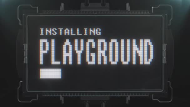 Retro videogame playground text on futuristic tv glitch interference screen animation seamless loop ... New quality universal vintage techno motion dynamic background colorful joyful cool video — Stock Video