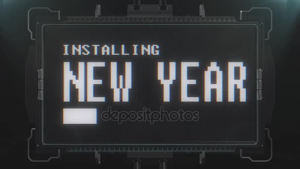 Retro videogame new year text on futuristic tv glitch interference screen animation seamless loop ... New quality universal vintage techno motion dynamic background colorful joyful cool video — Stock Video