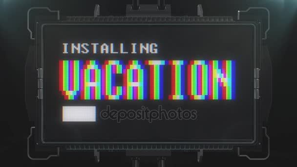 Retro videogame vacation text on futuristic tv glitch interference screen animation seamless loop ... New quality universal vintage techno motion dynamic background colorful joyful video — Stock Video