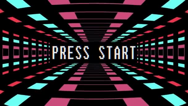 プレス スタートのテキスト - 新しい品質 4 k ヴィンテージ カラフルな楽しいビデオ映像とレトロなゲーム スタイル無限トンネル フライト シームレスなループ アニメーション — ストック動画
