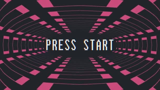 プレス スタートのテキスト - 新しい品質 4 k ヴィンテージ カラフルな楽しいビデオ映像とレトロなゲーム スタイル無限トンネル フライト シームレスなループ アニメーション — ストック動画