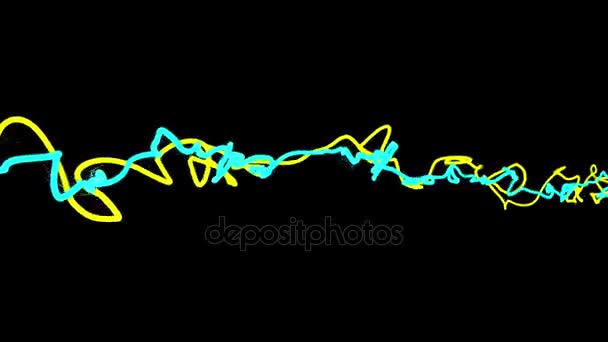 Dos hilos de color amarillo azulado se retuercen ondeando en el fondo de animación espacial - nueva tecnología dinámica de calidad de vídeo en movimiento — Vídeos de Stock