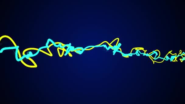 Dos hilos de color amarillo azulado se retuercen ondeando en el fondo de animación espacial - nueva tecnología dinámica de calidad de vídeo en movimiento — Vídeo de stock