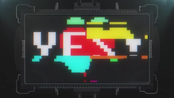 Retro videogame YES word text and heart on futuristic tv glitch interference screen animation seamless loop ... New quality universal vintage techno motion dynamic background colorful joyful video — Stock Video