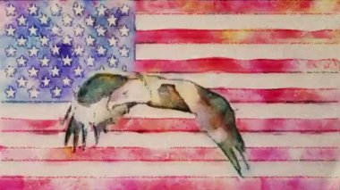 stop motion çizilmiş suluboya grunge ABD bayrağı ile kel kartal sinek çizgi film animasyon sorunsuz döngü - yeni kalite Ulusal vatansever renkli sembol video görüntüleri