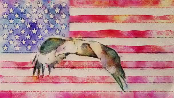 Stop motion of drawn watercolor grunge EUA flag with bald eagle fly cartoon animation seamless loop - new quality national patriotic colful symbol video footage — Vídeo de Stock
