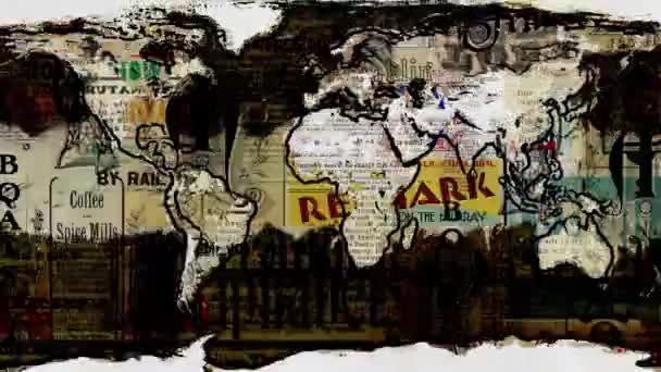 Newsprint grunge planeta terra mapa sem costura interminável loop stop movimento animação dos desenhos animados - nova qualidade única artesanal retro vintage dinâmico vídeo alegre — Vídeo de Stock