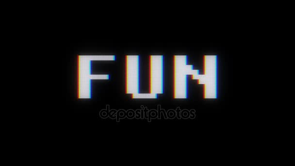 Retro digital font fun word text on old tv lcd glitch interference screen animation seamless loop .. New quality universal vintage motion dynamic animated background colorful joyful video footage — Stock Video