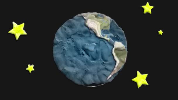 Cartoonclay planeet aarde globe spin op zwarte achtergrond naadloze eindeloze lus animatie - nieuwe kwaliteit unieke handgemaakte retro vintage stop motion dynamische vreugdevolle videobeelden — Stockvideo