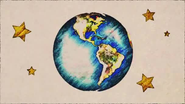 Cartoonstift gezeichnet Planet Erde Globus Drehung auf weißem altem Papier Hintergrund nahtlose Endlosschleife Animation Hintergrund - neue Qualität einzigartige handgemachte Retro Vintage Stop-Motion dynamische freudige Videoaufnahmen — Stockvideo
