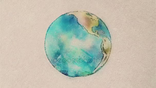 Cartoon pen drawn planet earth globe spin on white old paper background seamless endless loop animation background - new quality unique handmade retro vintage stop motion dynamic joyful video footage — Stock Video