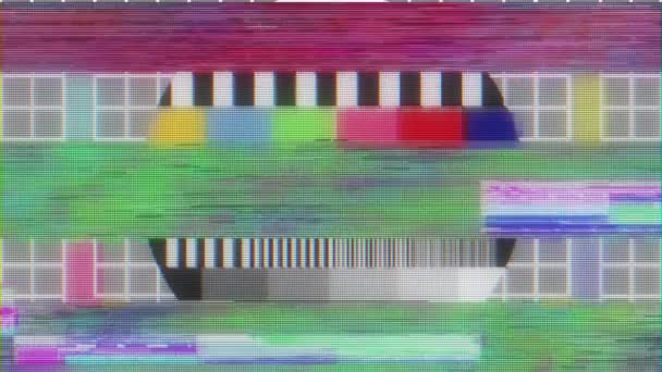 TV test tablet with glitch interference on lcd screen background animation - new quality digital twitch technology colorful video footage — Stock Video