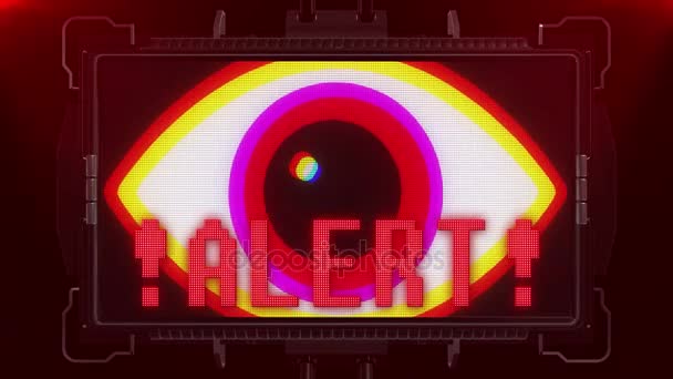 Jumpy RGB red eye symbol and alert warning on futuristic screen display background animation seamless loop ... New quality universal close up vintage dynamic animated colorful joyful cool video — Stock Video