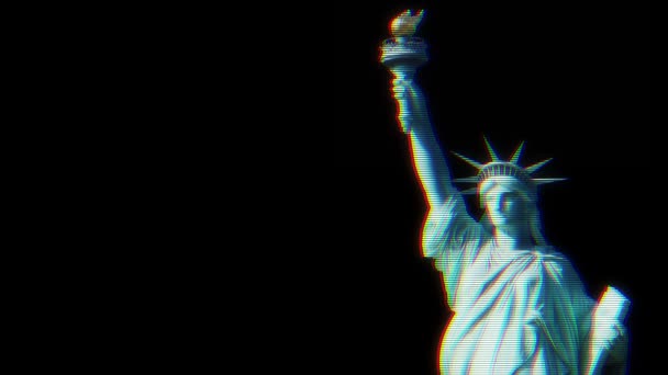 Estátua da Liberdade em jumpy rgb glitch velho tubo tv tela exibir sem costura loop animação fundo preto - nova qualidade orgulho nacional colorido alegre vídeo metragem — Vídeo de Stock