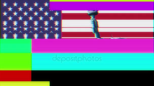 Estatua de la Libertad con bandera de EE.UU. en saltos glitch viejo tubo de televisión pantalla pantalla pantalla sin costuras bucle de animación fondo negro - nueva calidad nacional orgullo colorido alegre video metraje — Vídeo de stock