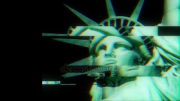 Statue of Liberty on jumpy glitch old lcd led computer screen display seamless loop animation black background - new quality national pride colorful joyful video footage — Stock Video