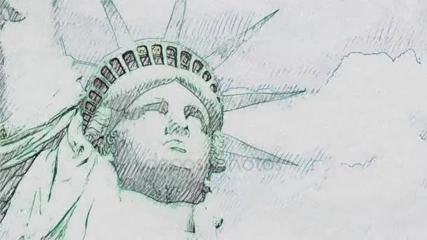 Kézi Szabadság-szobor készült toll rajz stop motion rajzfilm varrat nélküli hurok animációs háttér - új minőségi nemzeti büszkeség színes örömteli videofelvétel — Stock videók