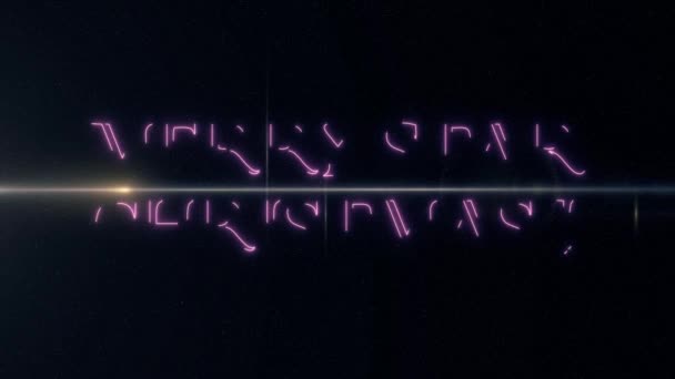 Lila rosa laser neon merry star weihnachtstext mit glänzendem licht optische fackeln animation auf schwarzem hintergrund - neue qualität retro vintage motion dynamischer urlaub freudiger verkauf videoaufnahmen schleife — Stockvideo