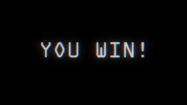 Videogame YOU WIN text on old computer tv glitch interference noise screen animation black background seamless loop - New quality universal retro vintage motion colorful joyful motivation video — Stock Video