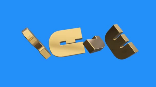 Golden SALE word gathering from letters parts spin animation on blue screen background - new quality unique financial business animated dynamic motivation motion text glamour video footage — Stock Video